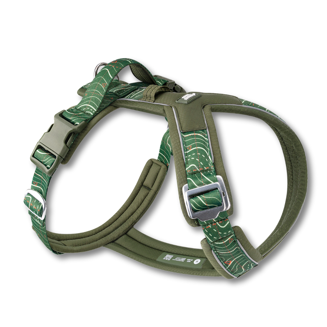 Twiggy Tags Apex Dog Harness in Nomad Green pattern with contour lines. Y shaped dog harness with neck buckle for gear shy and head shy dogs