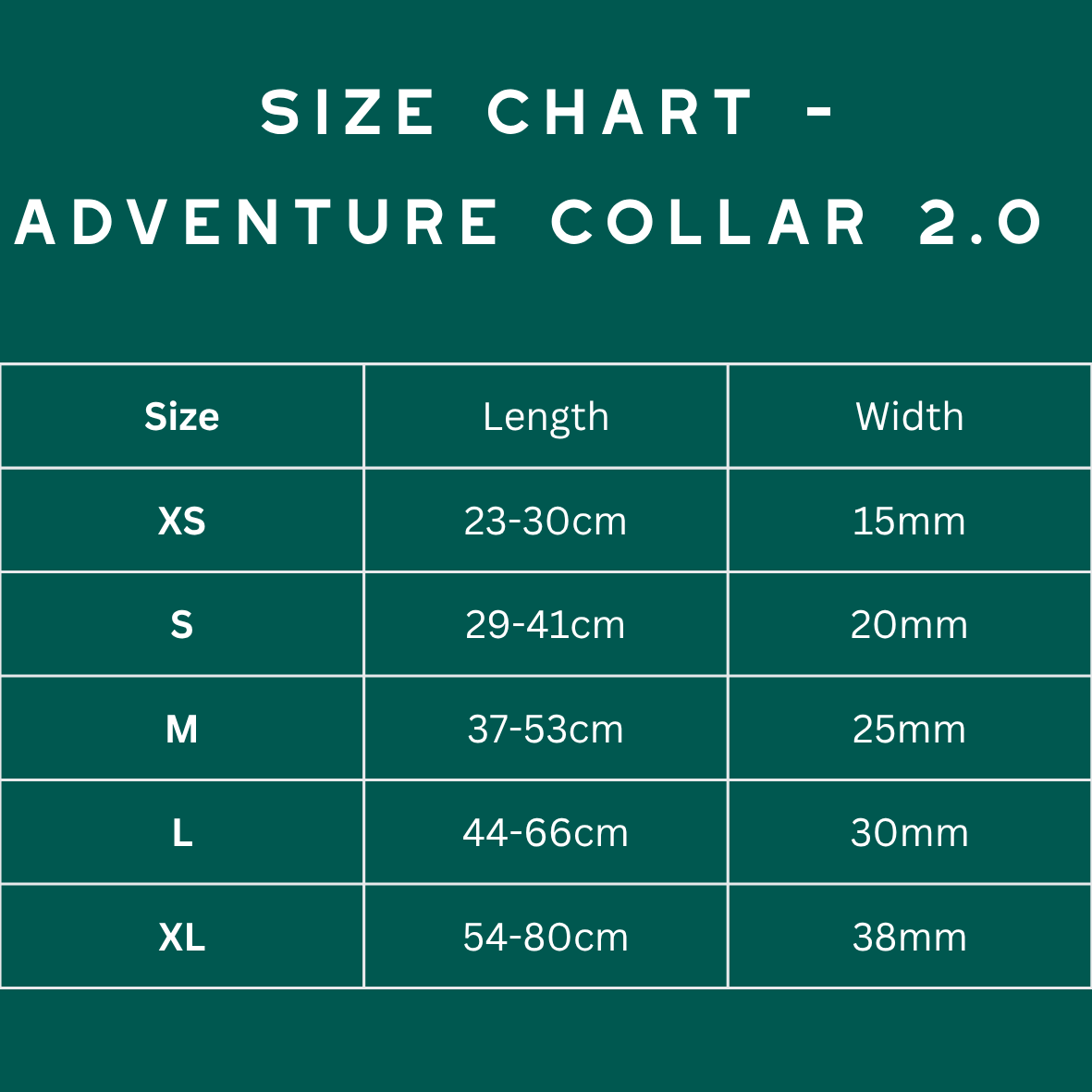 Twiggy Tags Adventure Collar 2.0 Size Chart showing collar length and width