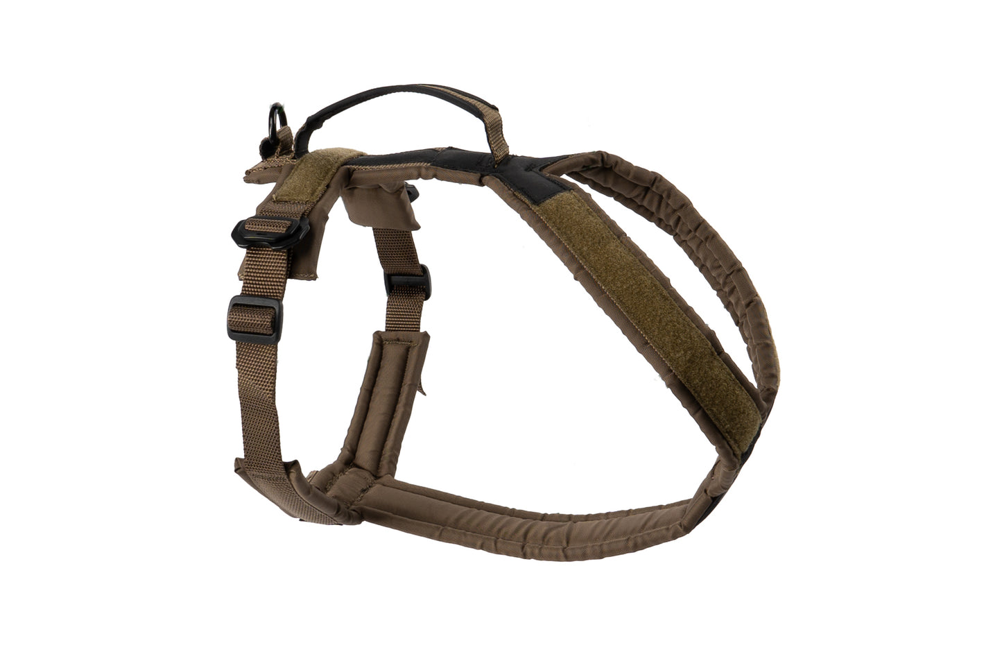 Non-stop Dogwear Line Harness Grip Working Dog in olive green with velcro hook and loop strips for attaching personalised patches. This dog harness has a y shaped neck and a steel leash attachment point
