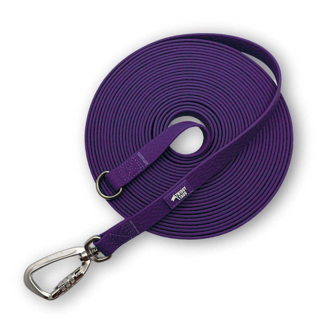 Twiggy Tags Tidal PVC Longline for dog training in Amethyst purple colour. Waterproof longline in 10 metre or 5 metre lengths