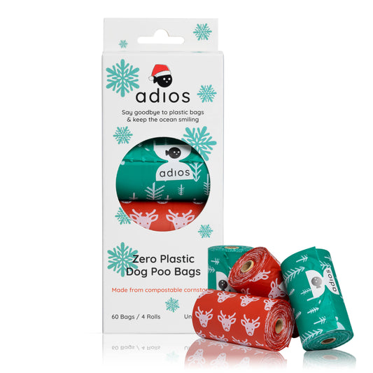 Christmas Pattern Poo Bags from Adios at Track and Trail Canine Outfitters Adios zero plastic dog poo bags packaging with rolls of bags on a white background