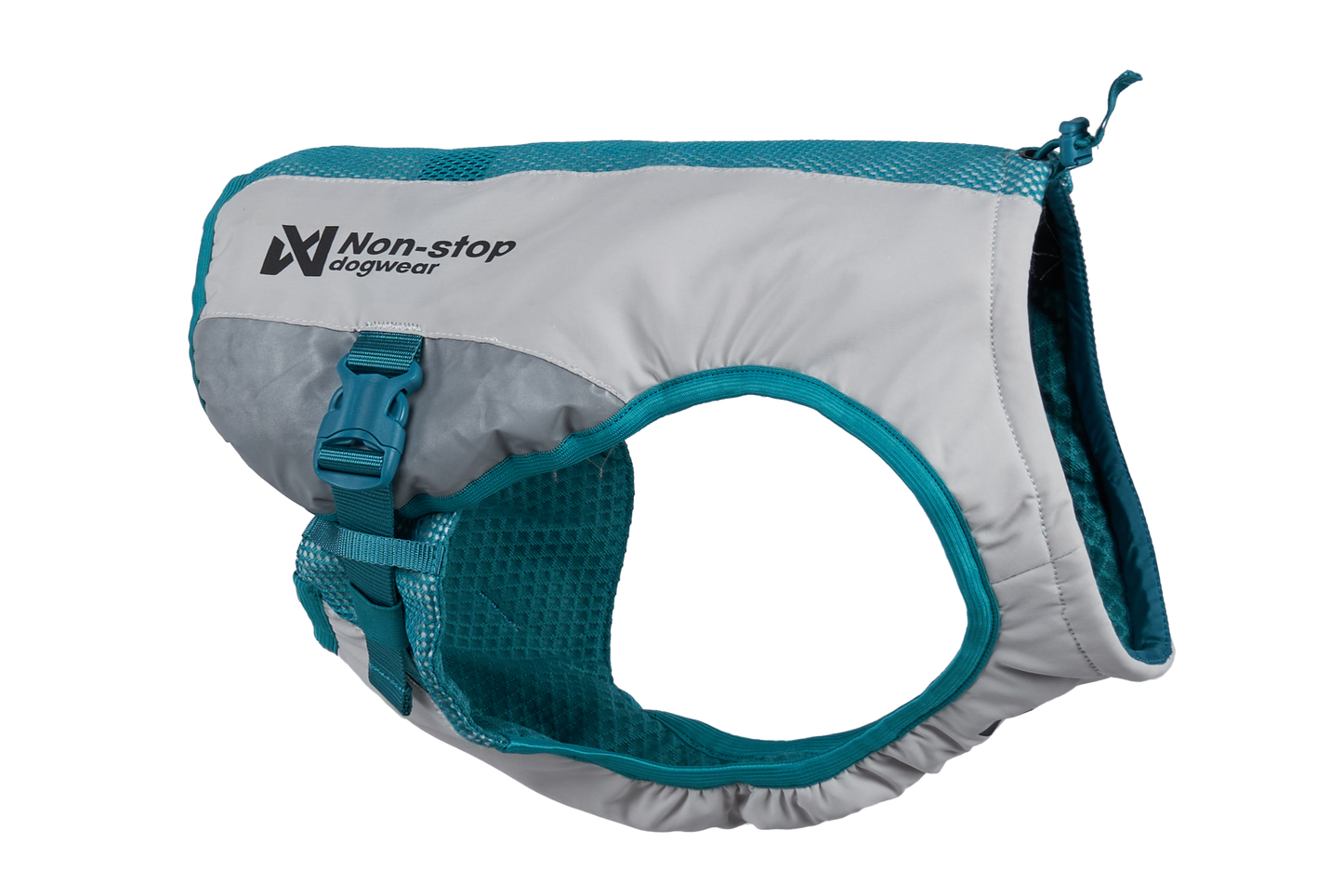 Dog cooling vest from Non-stop Dogwear for cooling dogs down in the heat. The vest has a pattern which appears when you add cold water and disappears when the vest gets too warm. The cooling vest is silver, grey and teal in colout.