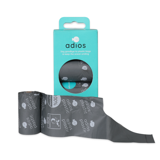 Adios Compostable Dog Poo Bags - 4 Rolls Grey - HANDLES (60 Bags)