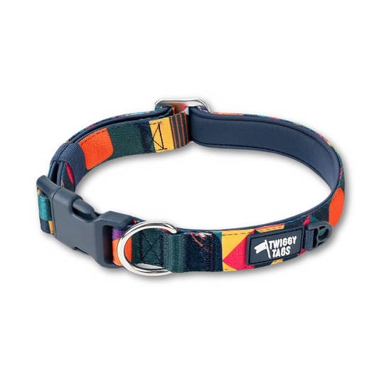 Twiggy Tags Adventure 2.0 Dog Collar in multicolour aurora pattern, strength tested dog collar to fit all types of dog