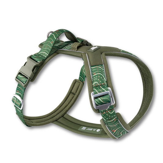 Twiggy Tags Apex Dog Harness in Nomad Green pattern with contour lines. Y shaped dog harness with neck buckle for gear shy and head shy dogs