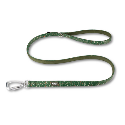 Twiggy Tags Apex Dog Lead in Nomad pattern which is a dark green with white contour lines and small orange trig points. The lead has a soft, neoprene backing 