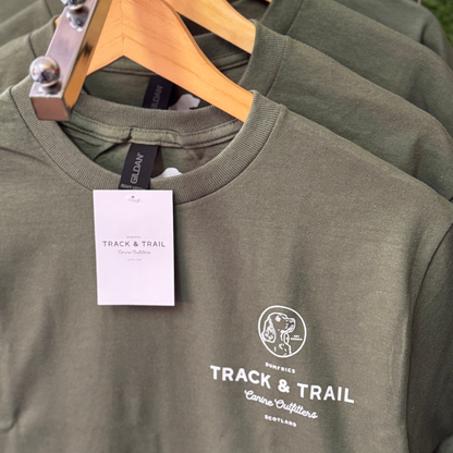 Track and Trail Canine Outfitters T shirt. Army Green T Shirt With dog stamp logo on chest and on the back