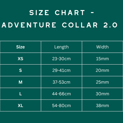 Twiggy Tags Adventure Collar 2.0 Size Chart showing collar length and width