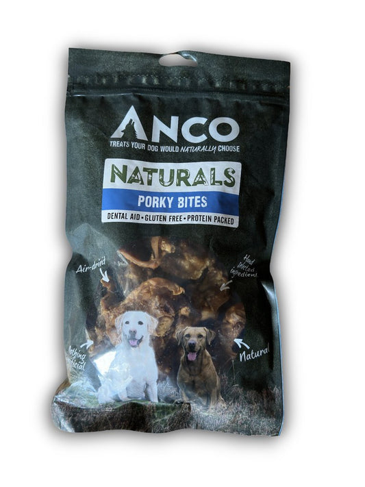 Anco Porky Bites in a 50g prepacked bag from the Anco Naturals range of healthy natural treats for dogs