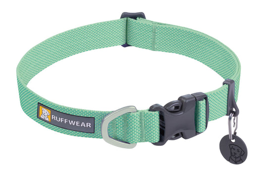 Ruffwear Hi and Light dog Collar in Sage Green. Lightweight, minimal dog collar ideal for hiking and swimming
