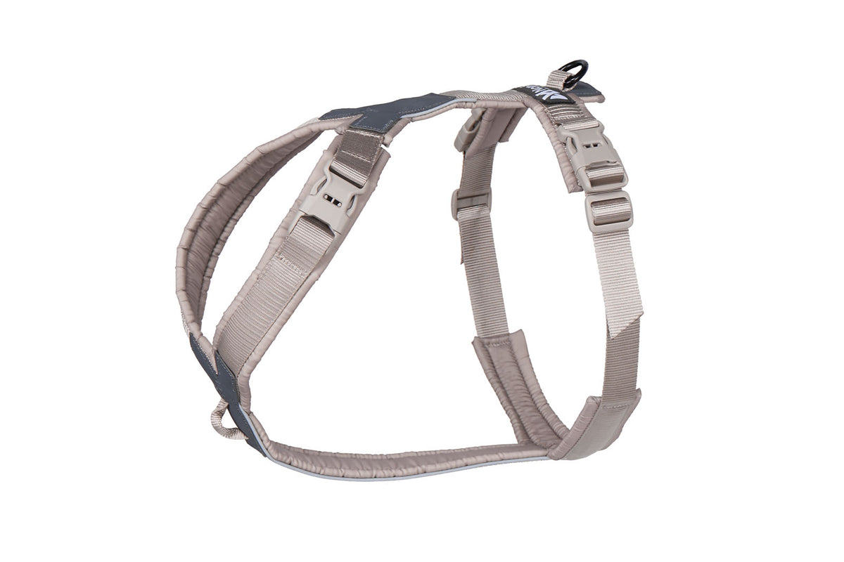 Y shaped harness with neck clip from non stop dogwear. Sand coloured lightweight dog walking harness at track and trail canine outfitters in dumfries