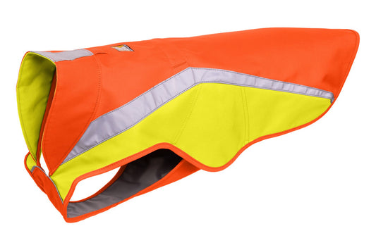 Ruffwear Lumenglow Hi Vis Jacket Vast for Dogs. High Vis dog jacket with hole to attach to harness and loop for attaching safety light. Dog hi vis available at Track and Trail Canine