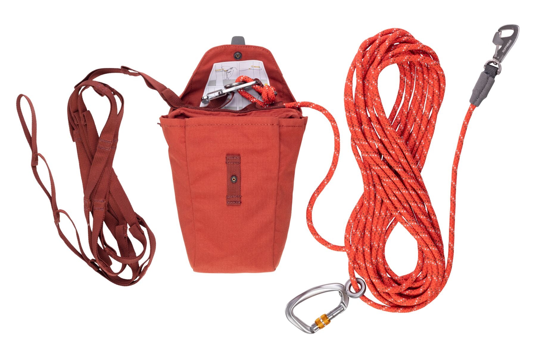 Ruffwear Knot a Hitch dog camping tethering system. Red tether line for camping with dogs with secure locking carabiner at Track and Trail Canine Outfitters in Dumfries