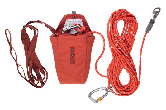 Ruffwear Knot a Hitch dog camping tethering system. Red tether line for camping with dogs with secure locking carabiner at Track and Trail Canine Outfitters in Dumfries