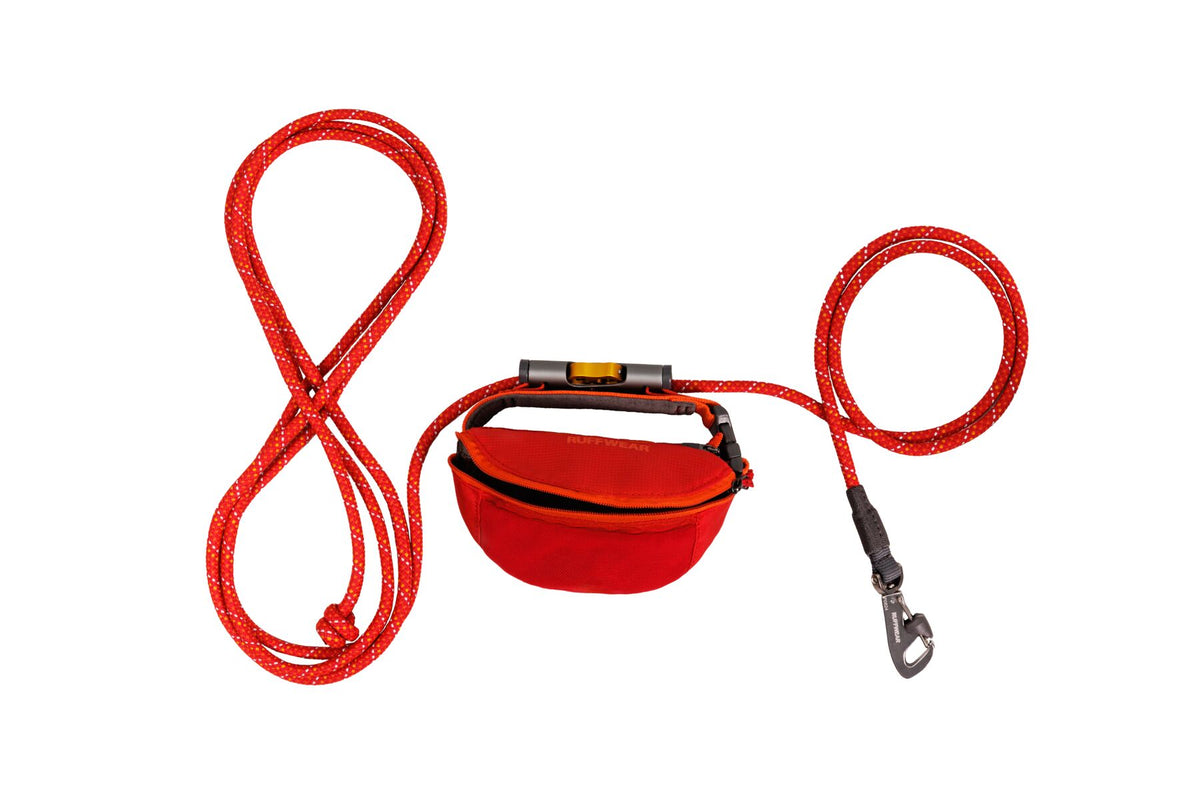 Red hands free adjustable lead with secure locking clip. Leash has 12 foot adjustable length reflective rope and a locking mechanism. From Ruffwear at Track and Trail Canine Outfitters