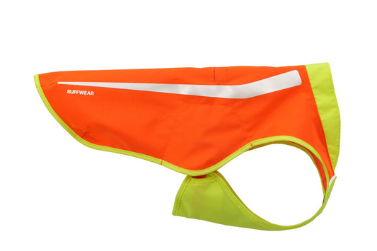 Lumenglow high vis vest for dogs. Bright orange and yellow reflective vest for dogs with loops to attach safety lights from Ruffwear at Track and Trail Canine Outfitters in Dumfries