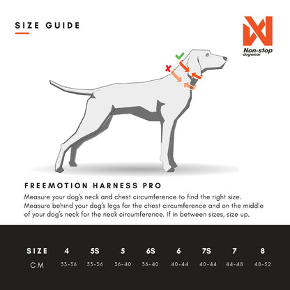 size chart for non-stop dogwear freemotion harness pro showing where to measure your dog to find out your size. Freemotion harness at Track and Trail Canine Outfitters Dumfries