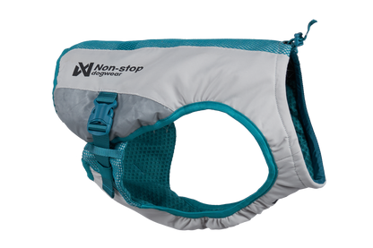 Dog cooling vest from Non-stop Dogwear for cooling dogs down in the heat. The vest has a pattern which appears when you add cold water and disappears when the vest gets too warm. The cooling vest is silver, grey and teal in colout.