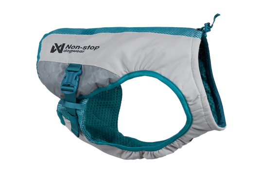Dog cooling vest from Non-stop Dogwear for cooling dogs down in the heat. The vest has a pattern which appears when you add cold water and disappears when the vest gets too warm. The cooling vest is silver, grey and teal in colout.