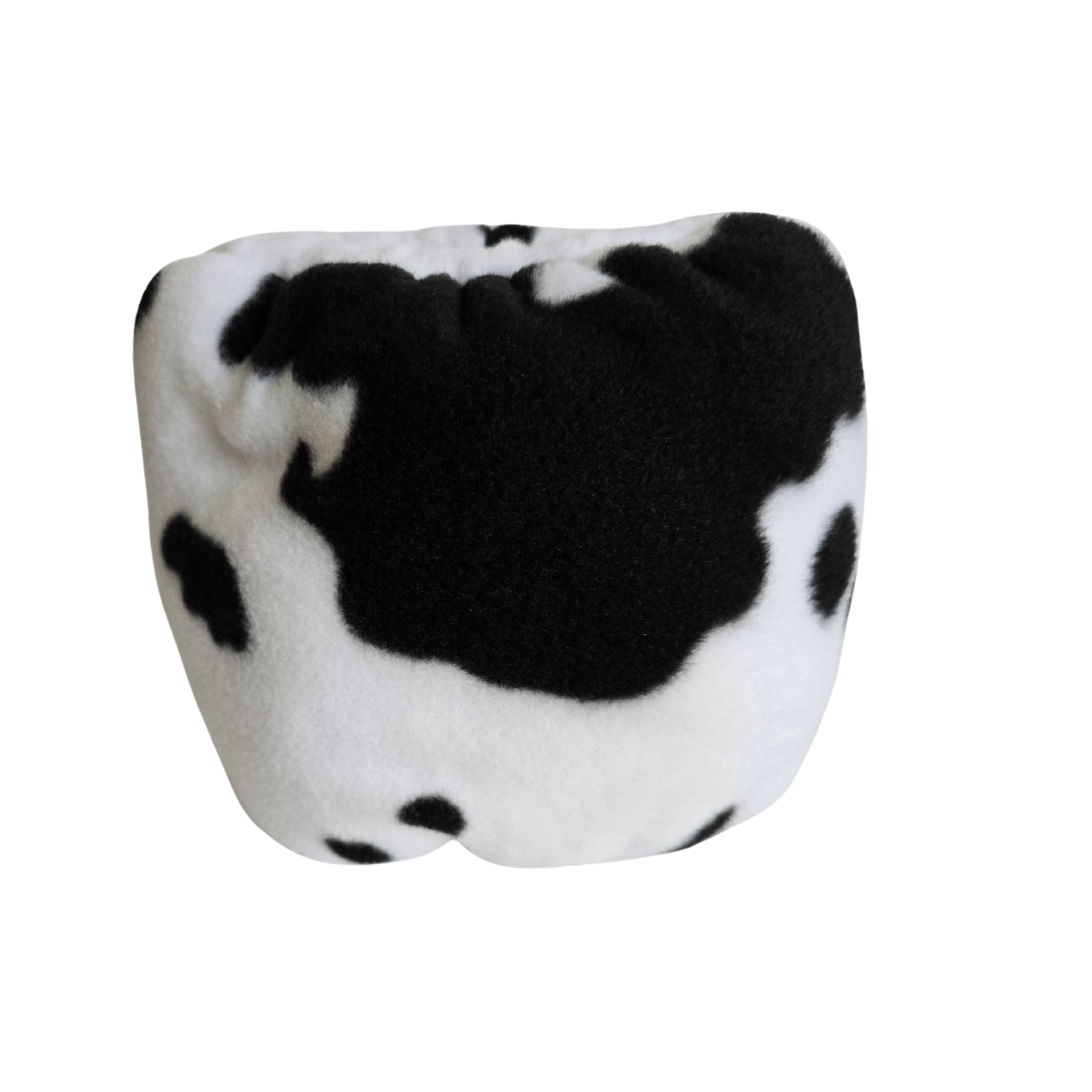 Cow Print Hush Muff  Comfortable Fleece Sound and noise reducing head gear for anxious dogs available at Track and Trail Canine Outfitters