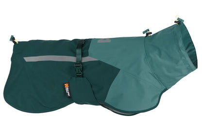 Teal Green Dog Raincoat from Non stop Dogwear at Track and Trail Canine Outfitters. Dog Raincoat With Leg Loops and Harness Port with Storm Collar