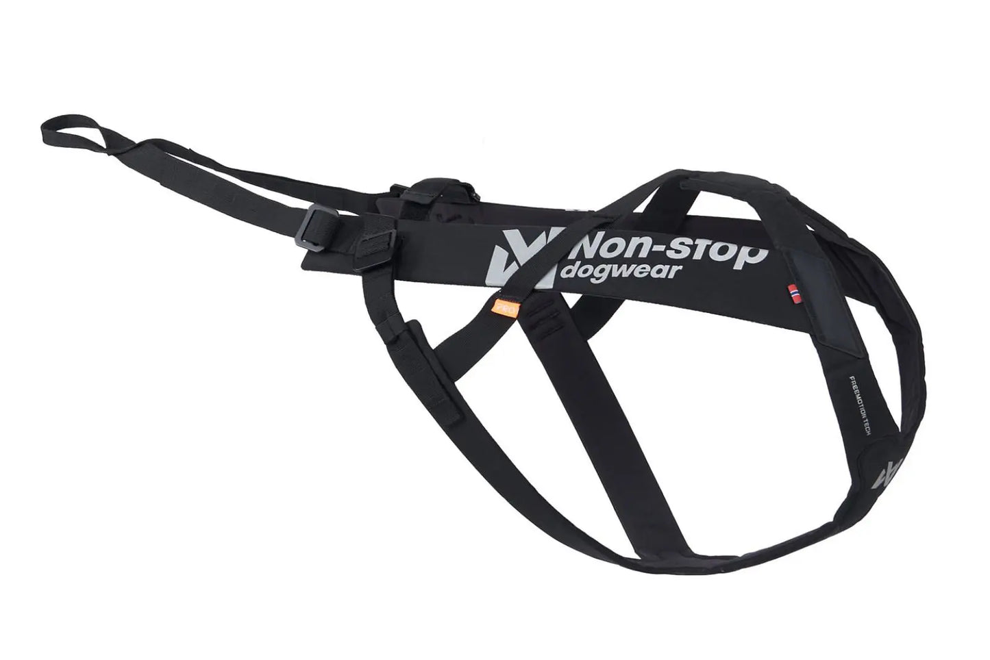 New Freemotion Pro Harness from Non stop Dogwear. Black Freemotion canicross harness with white logo. Lightweight canicross harness with half sizes at Track and Trail Canine Outfitters