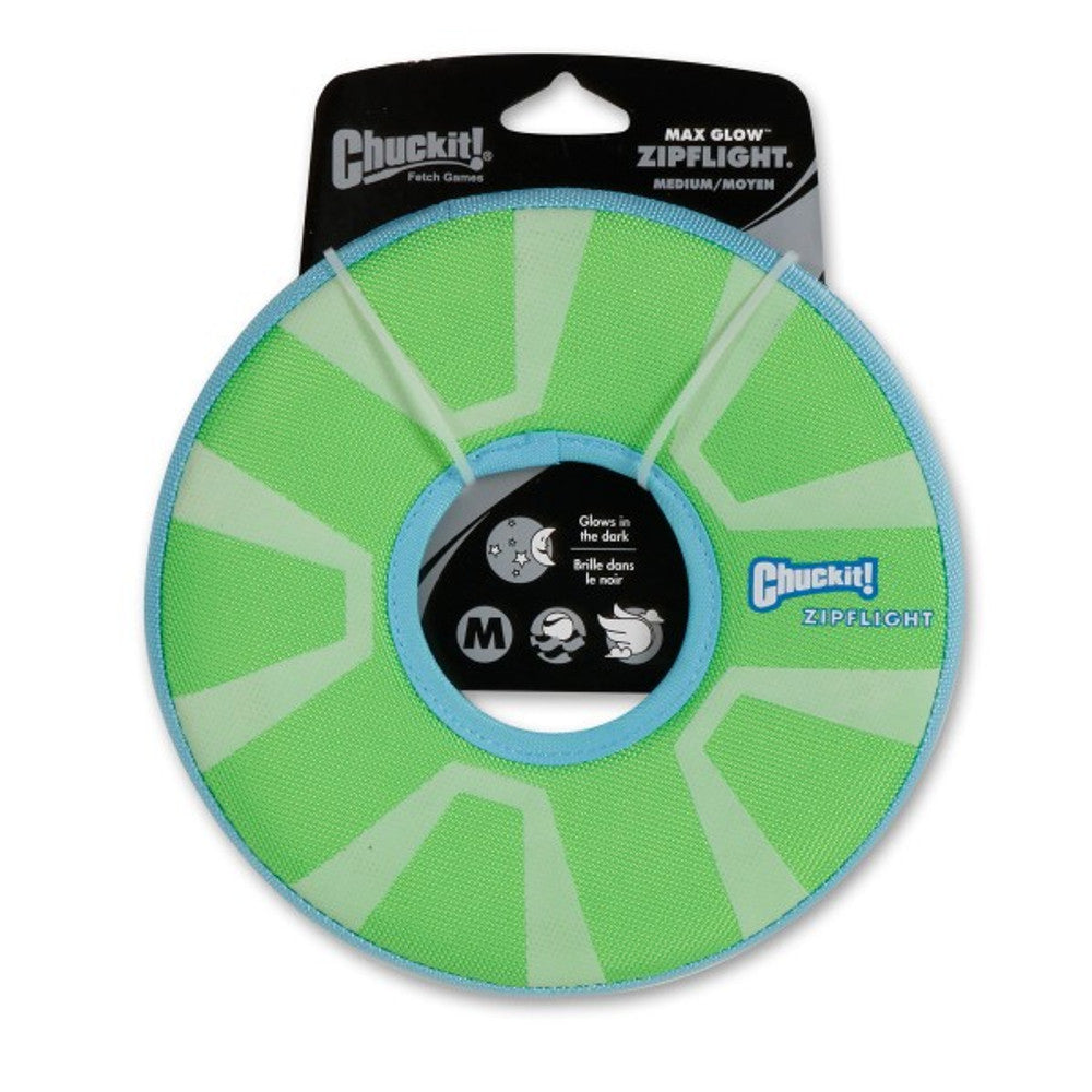 Chuckit! Max Glow ZipFlight Glow In The Dark Frisbee For Dogs at Track and Trail Canine Outfitters in Dumfries. A glow in the dark, highly visible luminous green frisbee toy that can be recharged under a bright light