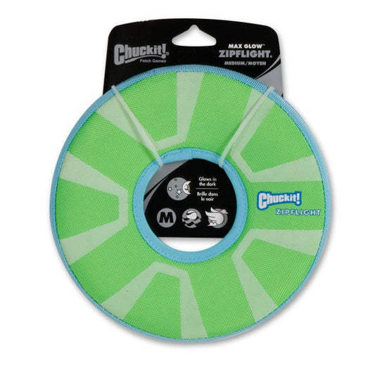 Chuckit! Max Glow ZipFlight Glow In The Dark Frisbee For Dogs at Track and Trail Canine Outfitters in Dumfries. A glow in the dark, highly visible luminous green frisbee toy that can be recharged under a bright light
