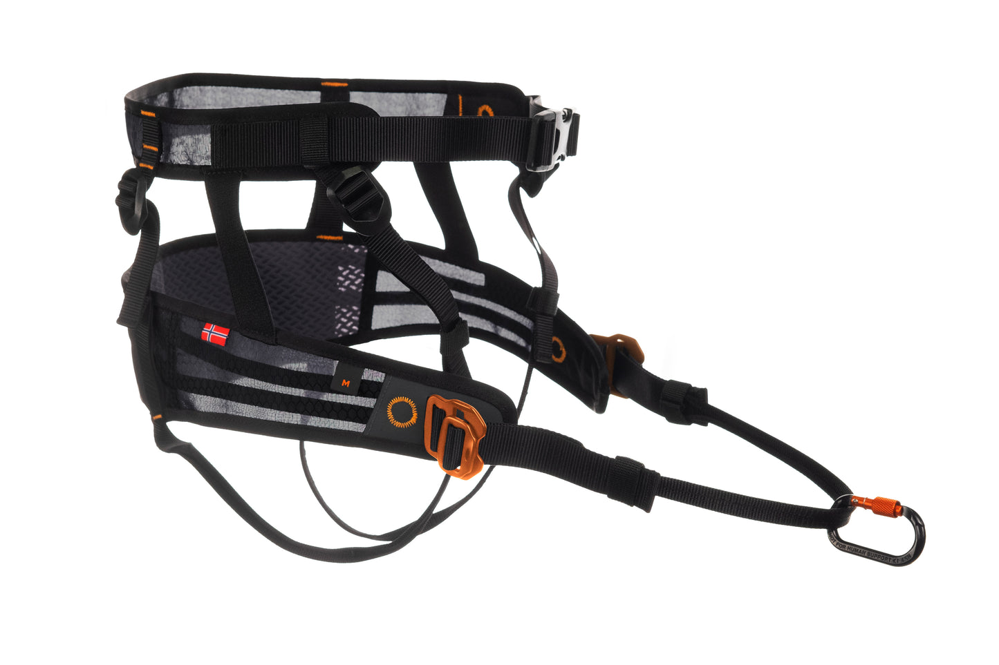 A Lightweight belt for canicross running with dogs from Non Stop Dogwear in black with orange details and a locking carabiner sold at Track and Trail Canine Outfitters Dumfries