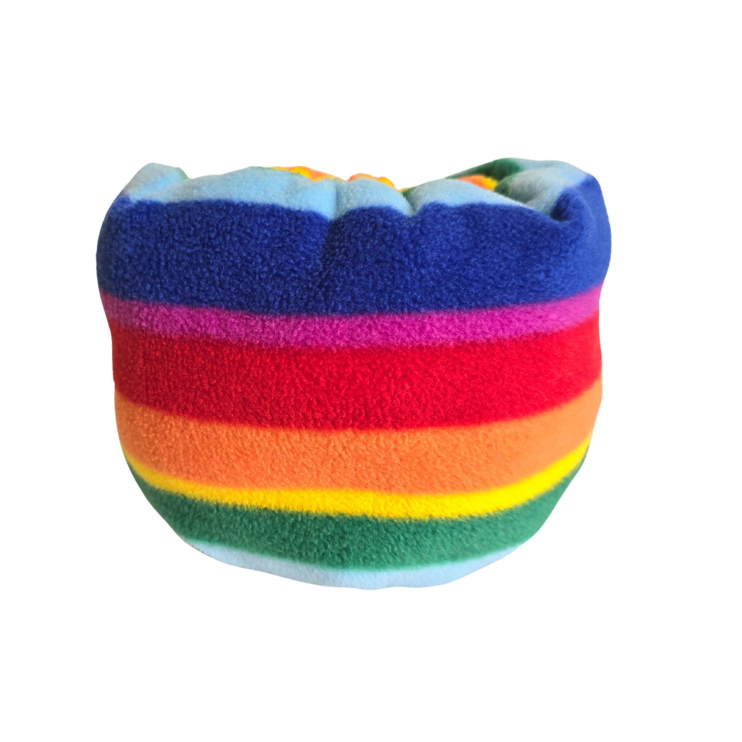 Rainbow pattern multicoloured Hush Muff  Sound and noise reducing head gear for anxious dogs available at Track and Trail Canine Outfitters