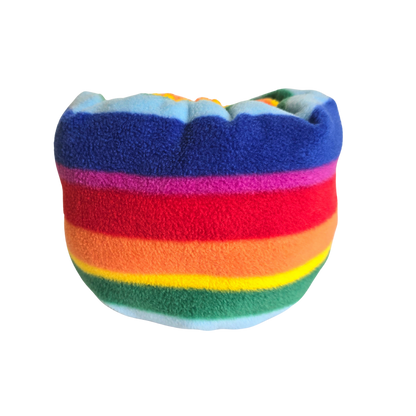 Rainbow pattern multicoloured Hush Muff  Sound and noise reducing head gear for anxious dogs available at Track and Trail Canine Outfitters